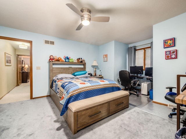 bedroom featuring visible vents, ceiling fan, light carpet, and baseboards