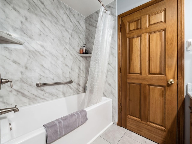 full bath with shower / bath combination with curtain and tile patterned floors