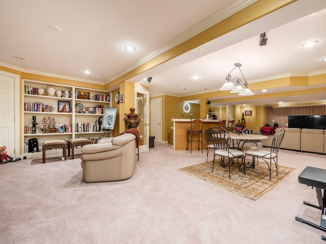 living area featuring recessed lighting, light colored carpet, and crown molding