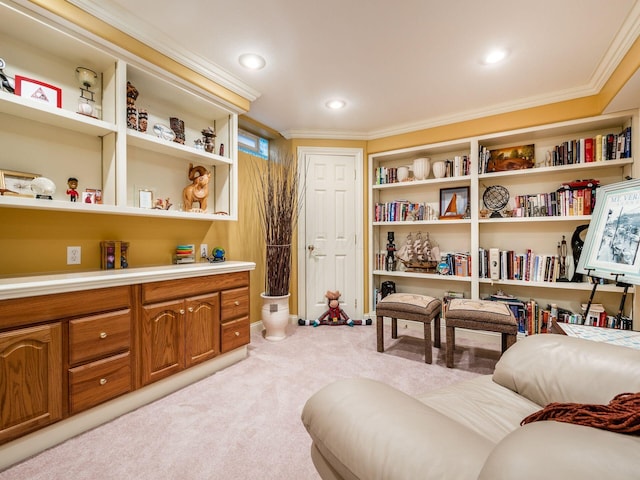 living area featuring recessed lighting, ornamental molding, and light colored carpet