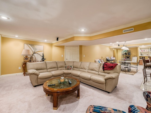 living area featuring recessed lighting, light colored carpet, visible vents, baseboards, and crown molding