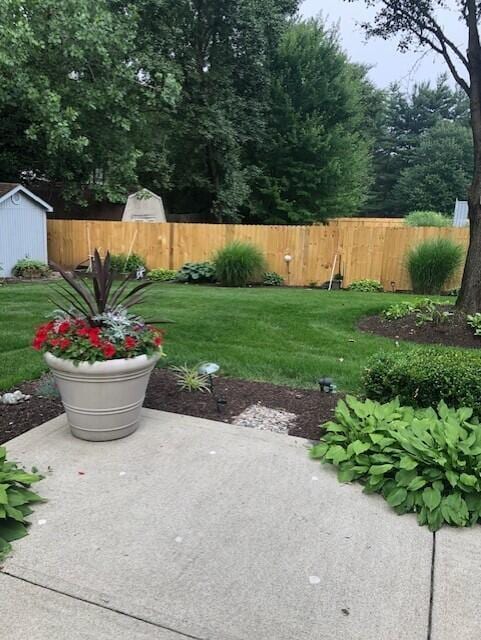 view of yard with an outbuilding, fence, a patio, and a storage unit