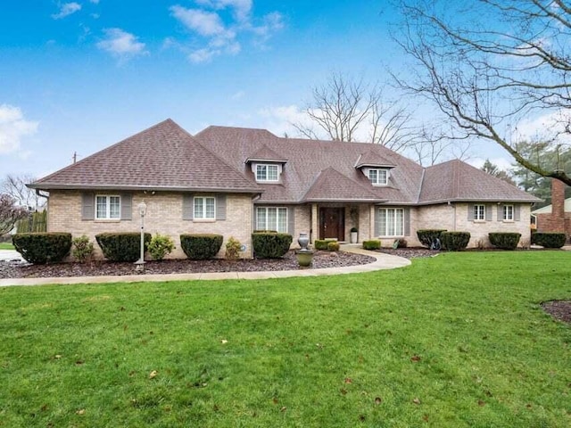 view of front of home with a front lawn, roof with shingles, and brick siding