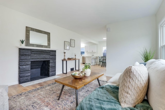 living room featuring a stone fireplace and light hardwood / wood-style flooring