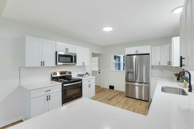 kitchen featuring sink, white cabinets, decorative backsplash, stainless steel appliances, and light wood-type flooring