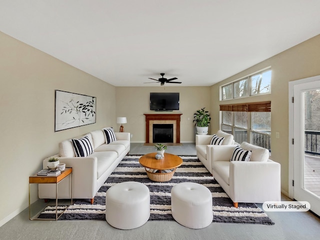 living room featuring ceiling fan