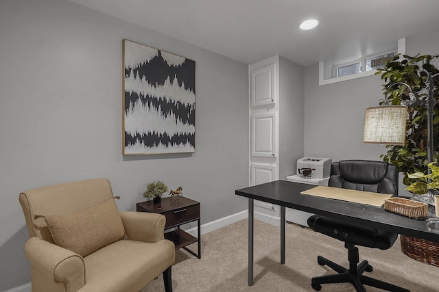 home office featuring light colored carpet