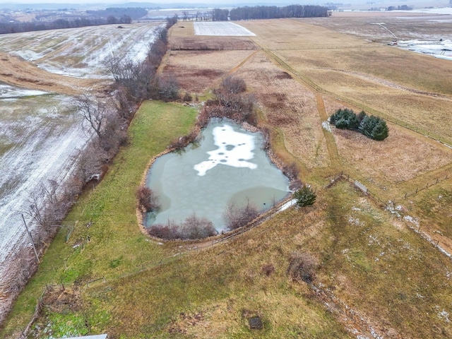 aerial view featuring a water view and a rural view