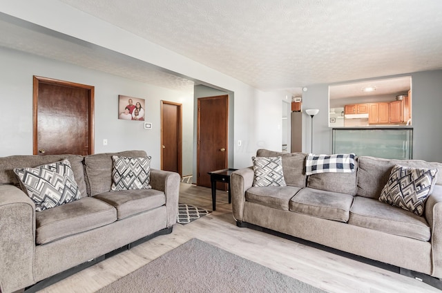 living room featuring light wood-style flooring and a textured ceiling