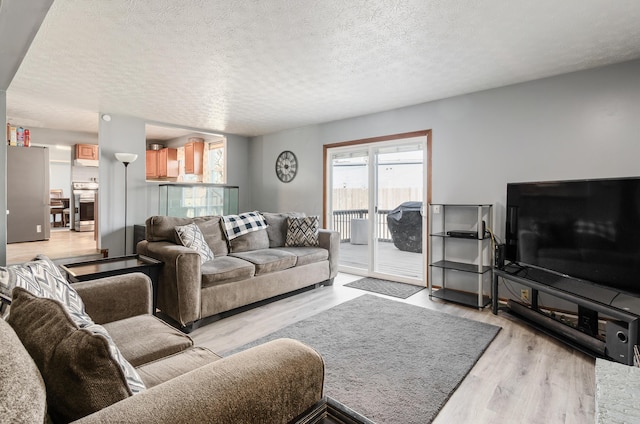 living area featuring light wood-style flooring and a textured ceiling