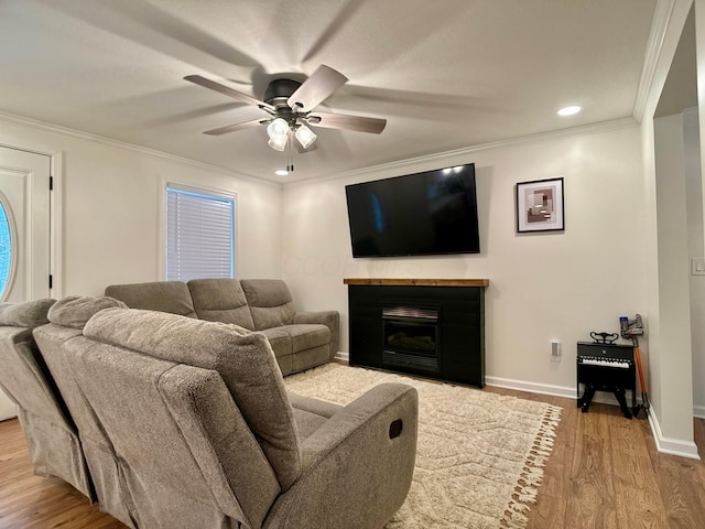 living room with crown molding, ceiling fan, and light wood-type flooring