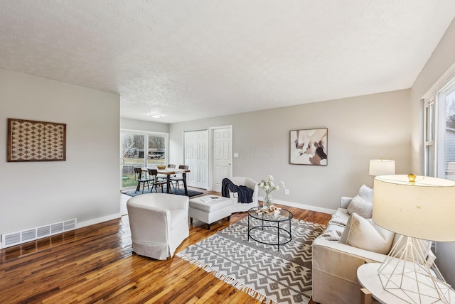 living room with hardwood / wood-style flooring and a textured ceiling