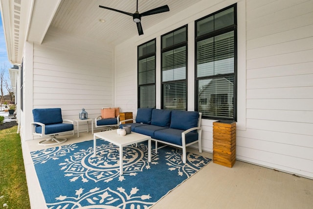 view of patio featuring ceiling fan and an outdoor living space