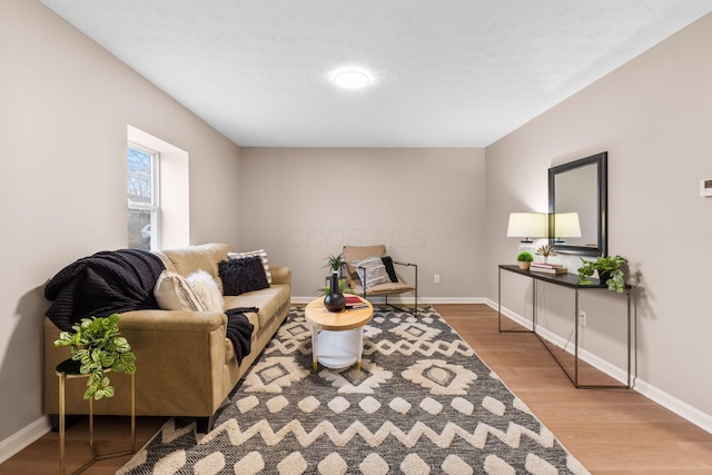 living room featuring hardwood / wood-style flooring and a textured ceiling