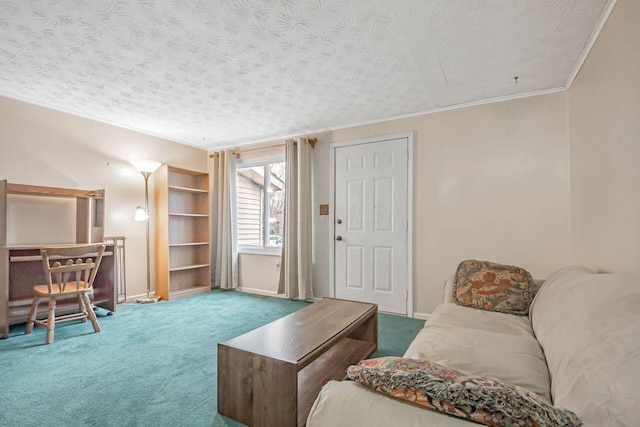 living room with baseboards, a textured ceiling, ornamental molding, and carpet flooring