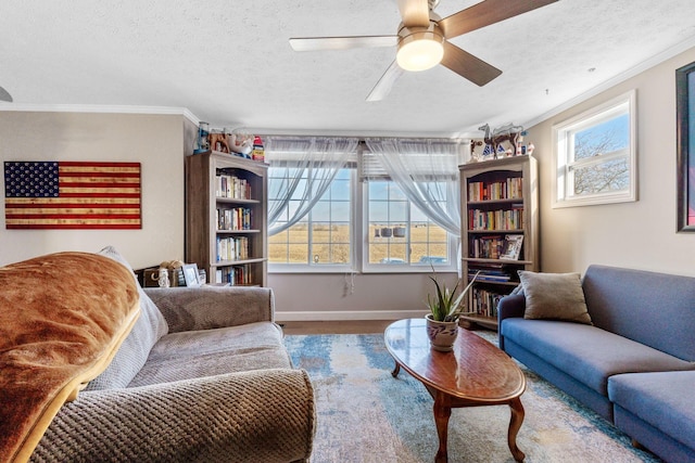 living area featuring ornamental molding, a healthy amount of sunlight, and a textured ceiling