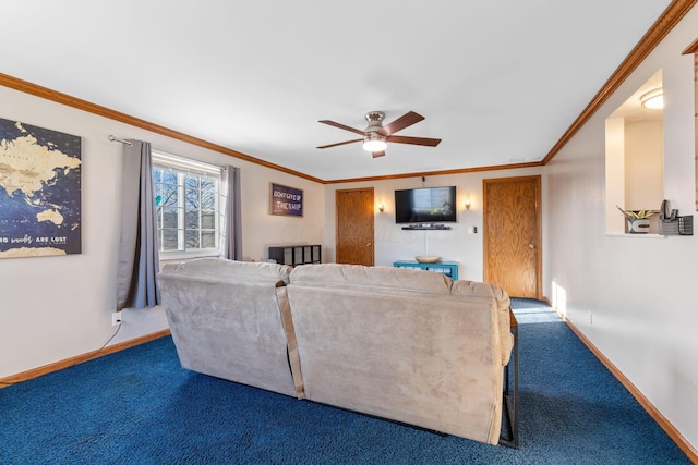 living room featuring crown molding, baseboards, ceiling fan, and carpet flooring