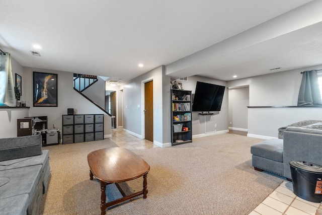 carpeted living area featuring stairs, recessed lighting, visible vents, and baseboards