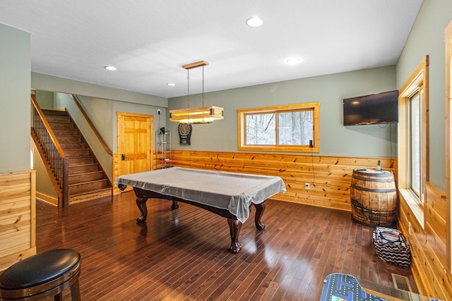 rec room with hardwood / wood-style flooring, billiards, and wood walls