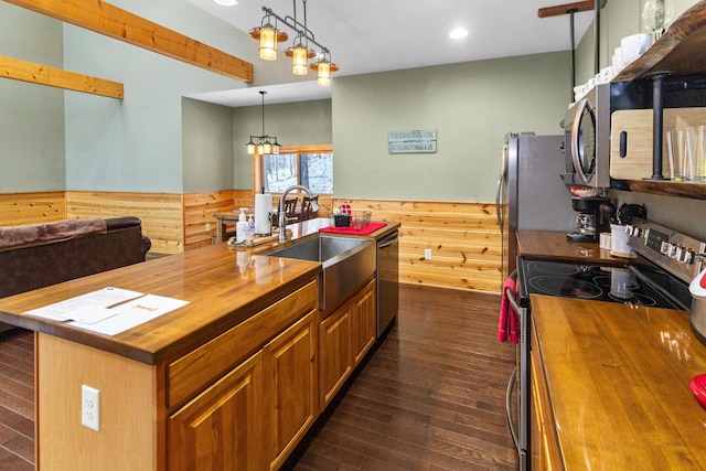 kitchen with an island with sink, appliances with stainless steel finishes, sink, and wooden counters