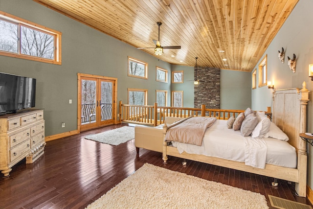 bedroom featuring dark wood-type flooring, french doors, wood ceiling, high vaulted ceiling, and access to exterior