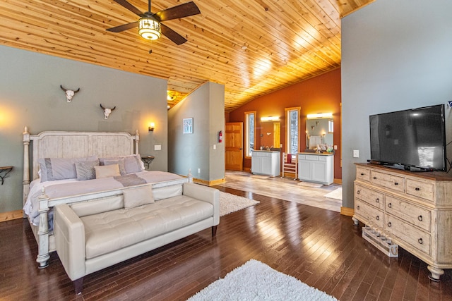 bedroom featuring lofted ceiling, dark hardwood / wood-style floors, and wooden ceiling