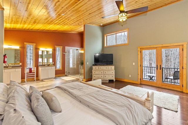 bedroom featuring lofted ceiling, access to exterior, light hardwood / wood-style floors, wooden ceiling, and french doors