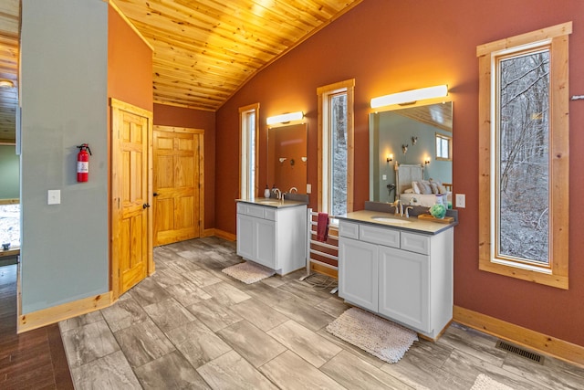 interior space with vanity, lofted ceiling, and wooden ceiling