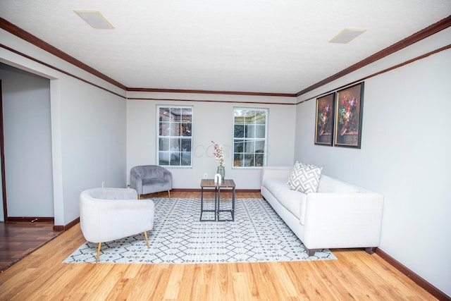 living room with hardwood / wood-style flooring, crown molding, and a textured ceiling