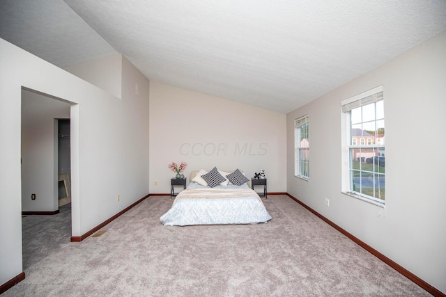 unfurnished bedroom with vaulted ceiling, a spacious closet, light colored carpet, and a textured ceiling