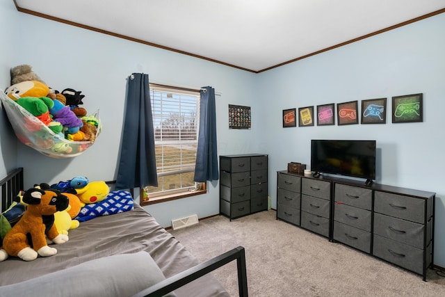 carpeted bedroom featuring crown molding