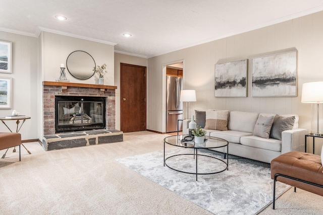 carpeted living area with recessed lighting, a fireplace, baseboards, and ornamental molding