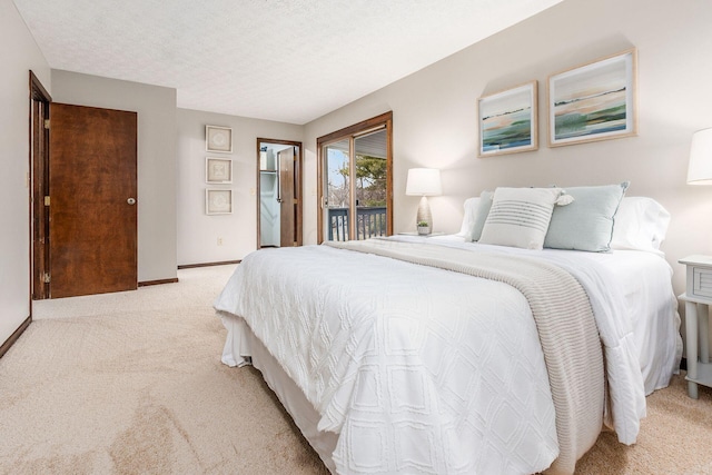 bedroom with light colored carpet, a textured ceiling, baseboards, and access to outside