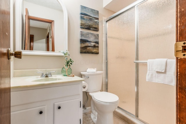 bathroom with vanity, a shower stall, toilet, and tile patterned flooring