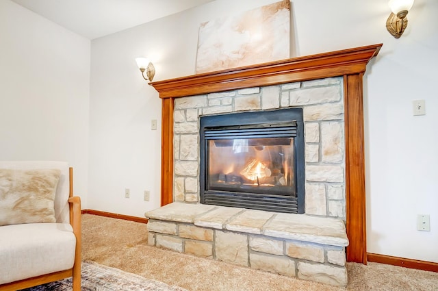 details with a fireplace and carpet flooring