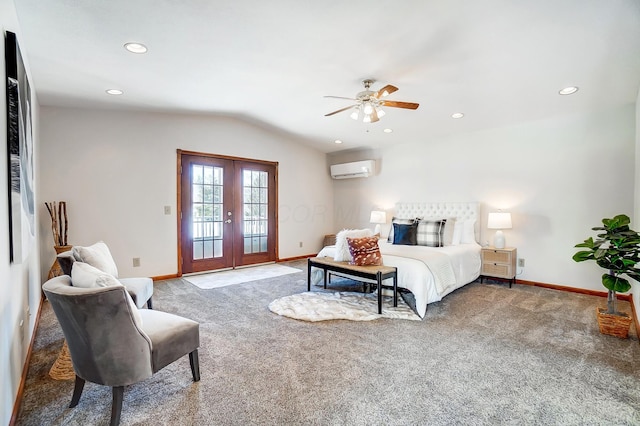 carpeted bedroom with an AC wall unit, french doors, access to outside, vaulted ceiling, and ceiling fan