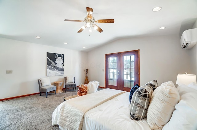 carpeted bedroom with lofted ceiling, a wall mounted air conditioner, ceiling fan, french doors, and access to exterior