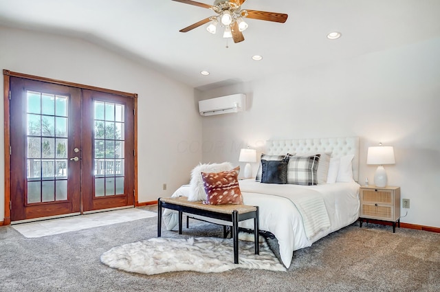 carpeted bedroom featuring an AC wall unit, french doors, access to outside, vaulted ceiling, and ceiling fan