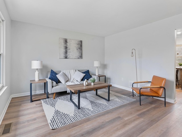 living room with a healthy amount of sunlight and light hardwood / wood-style flooring