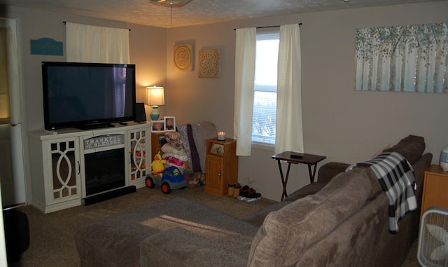 carpeted living area with a textured ceiling and a fireplace