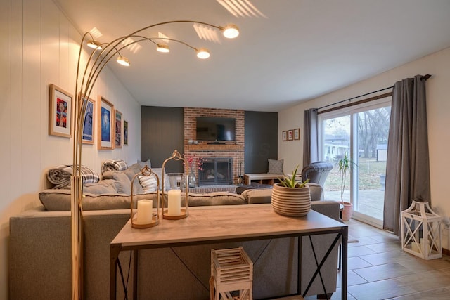 living room featuring a fireplace