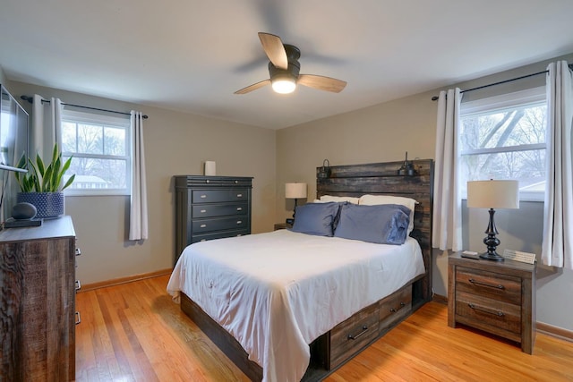 bedroom with ceiling fan and light wood-type flooring