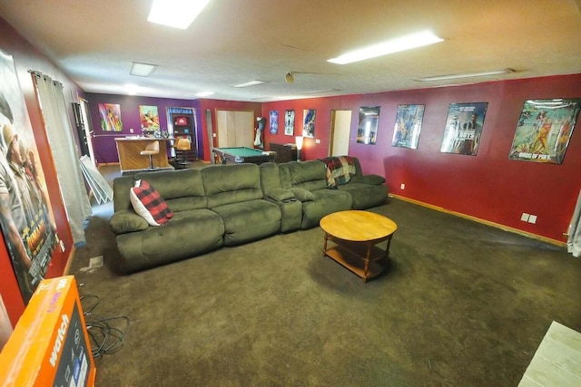 living room featuring dark carpet and pool table