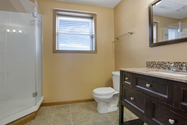 bathroom featuring a stall shower, baseboards, visible vents, decorative backsplash, and vanity