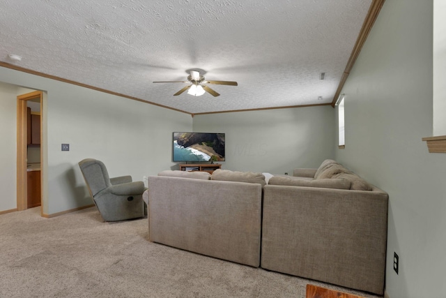 living area with light carpet, ornamental molding, and a textured ceiling