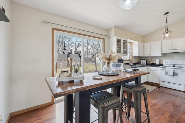 kitchen featuring electric range, dark countertops, white cabinetry, and under cabinet range hood