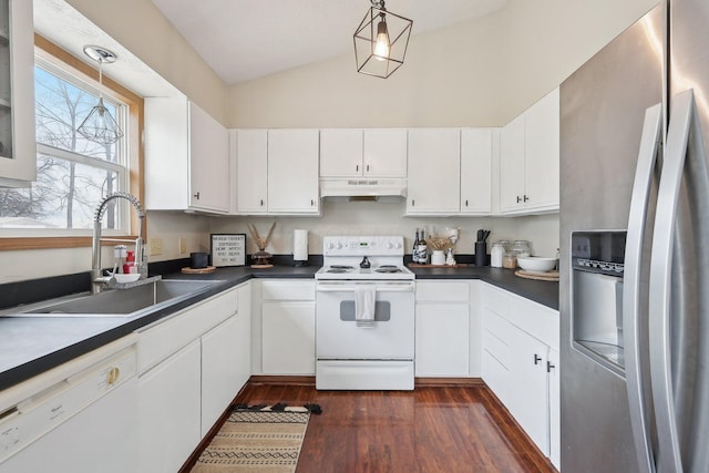 kitchen featuring white appliances, under cabinet range hood, white cabinets, and a sink