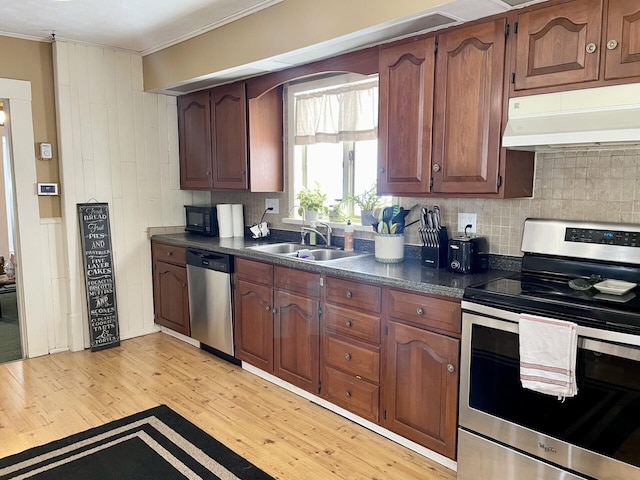 kitchen featuring stainless steel appliances, light hardwood / wood-style flooring, sink, ornamental molding, and decorative backsplash