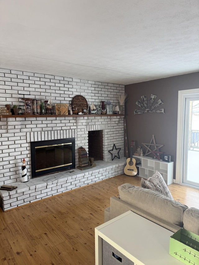 living room with a fireplace and wood-type flooring