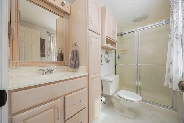 bathroom featuring a textured ceiling, vanity, a shower stall, and toilet